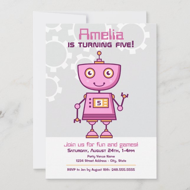 Pink Robot Girl Birthday Party Invitation (Front)