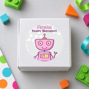 Pink Robot Girls Happy Birthday Classic Round Sticker