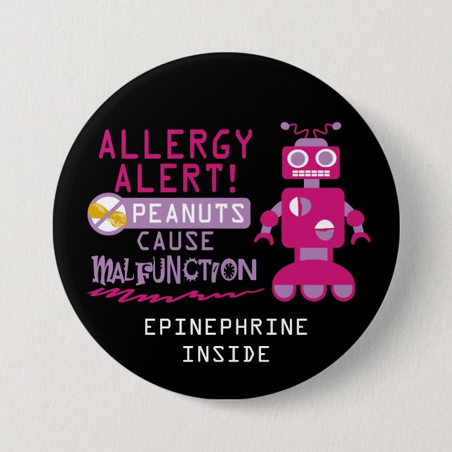 Pink Robot Peanut Allergy Alert Girls Personalised 7.5 Cm Round Badge (Front)