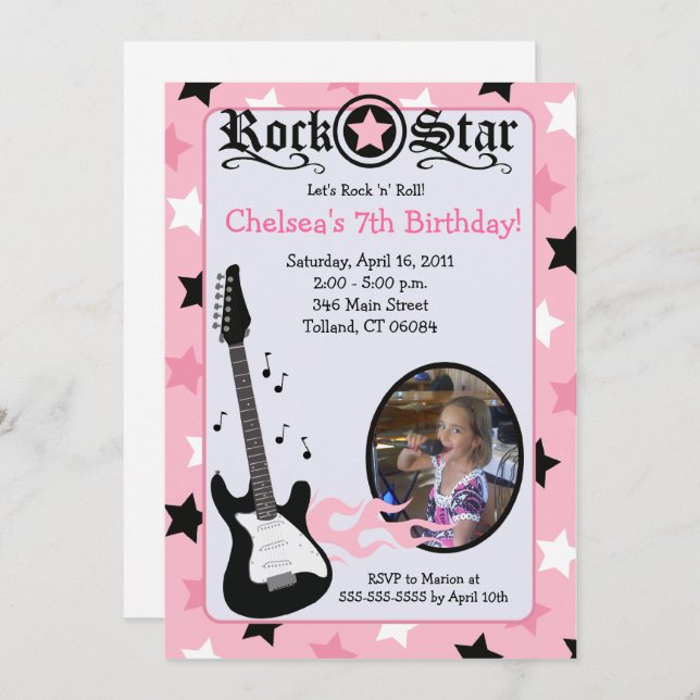 Pink Rock Star Guitar *PHOTO* Birthday 5x7 Invitation (Front/Back)