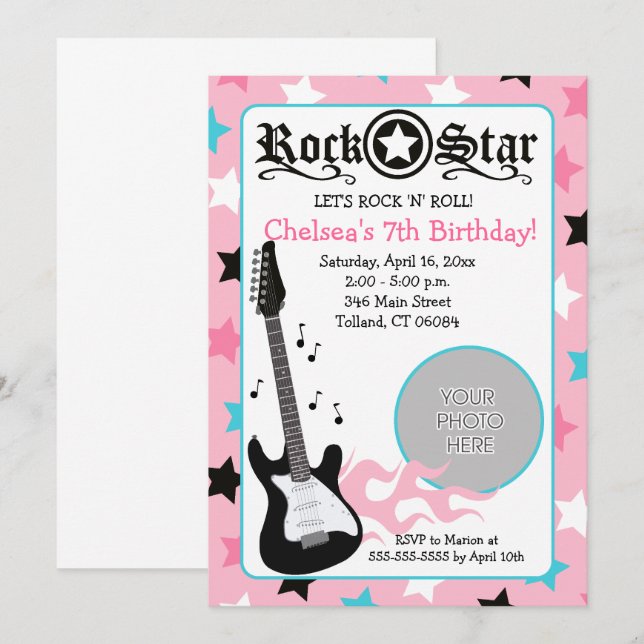 Pink Rock Star Guitar *PHOTO* Birthday 5x7 Invitation (Front/Back)