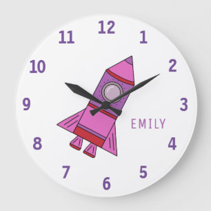 Pink Rocket Ship Girl Name Girly Space  Large Clock