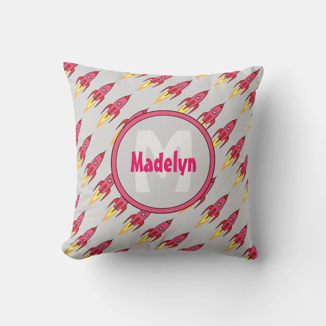 Pink Rocket Ship Monogram Outer Space Girls Room Cushion (Front)