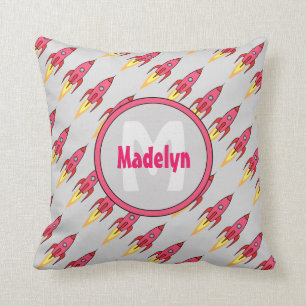Pink Rocket Ship Monogram Outer Space Girls Room Cushion