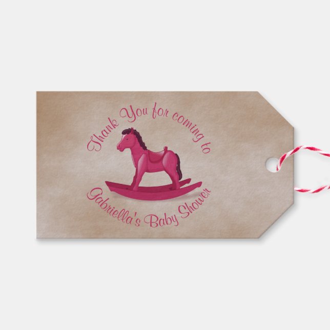 Pink Rocking Horse Baby Girl Custom Gift Tags (Front (Horizontal))
