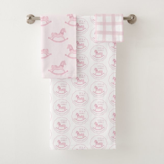Pink Rocking Horse Baby Girl Personalised Bath Towel Set (Insitu)