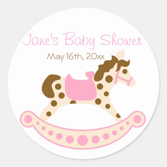 Pink Rocking Horse Baby Shower Classic Round Sticker (Front)