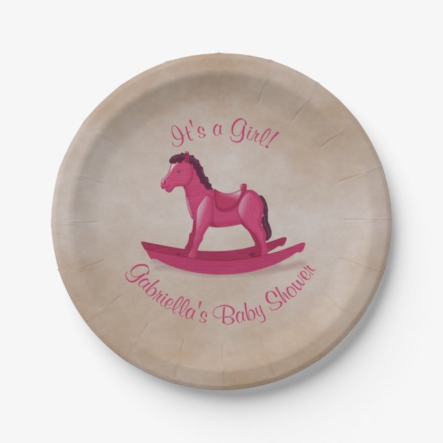 Pink Rocking Horse Baby Shower Paper Plate (Front)