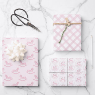 Pink Rocking Horse Baby Shower Wrapping Paper Shee