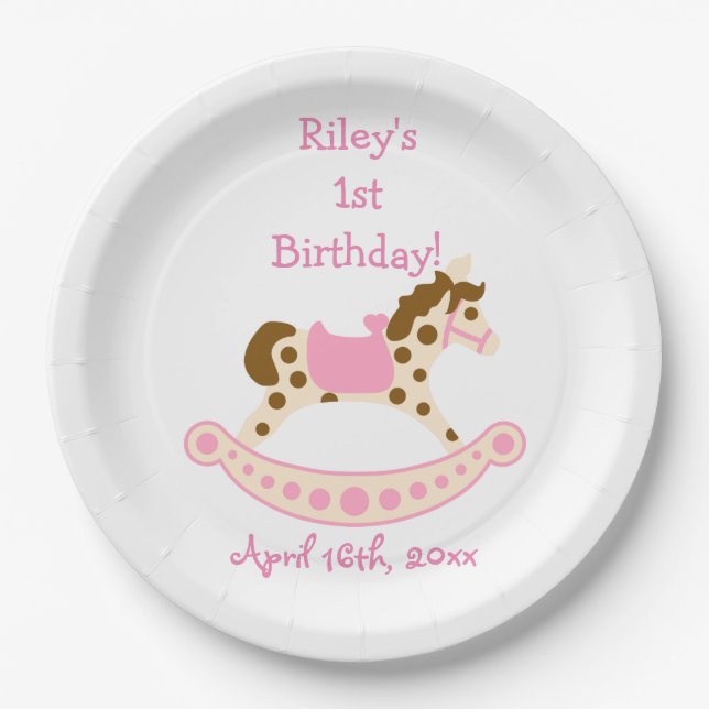 Pink Rocking Horse Birthday Paper Plate (Front)