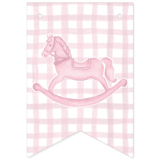 Pink Rocking Horse Gingham Girl Baby Banner (First Flag)