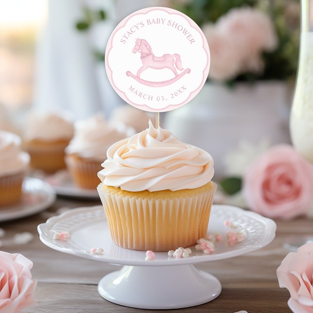 Pink Rocking Horse Girl Baby Shower Favour Sticker (Baby Shower Favor Sticker)