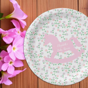 Pink Rocking Horse Girl Baby Shower Paper Plate