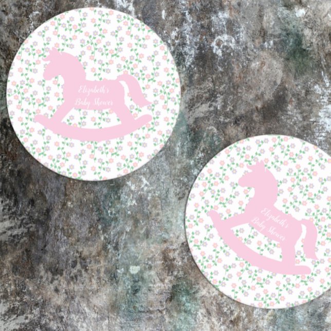 Pink Rocking Horse Girl Baby Shower Round Paper Coaster (Creator Uploaded)