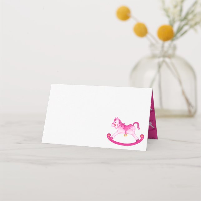Pink rocking horse watercolor art place card (Front)