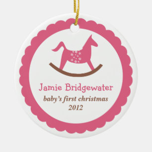 Pink rocking toy horse baby's first christmas ceramic ornament