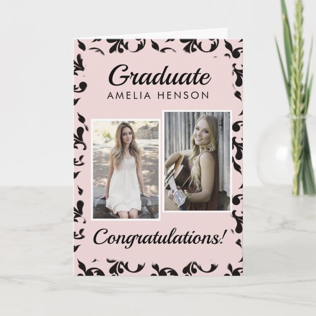 Pink Rococo Congratulations Graduate 2 Photos Card (Front)