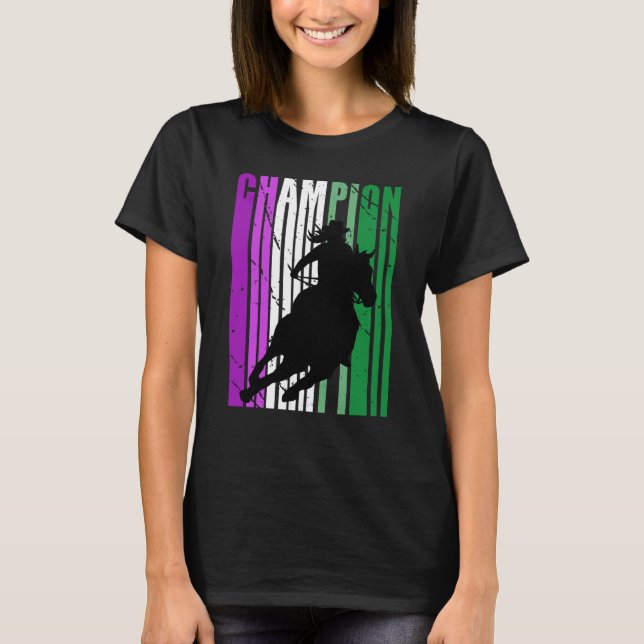 Pink Rodeo Champion Cowgirl on Horse Barrel Racing T-Shirt (Front)