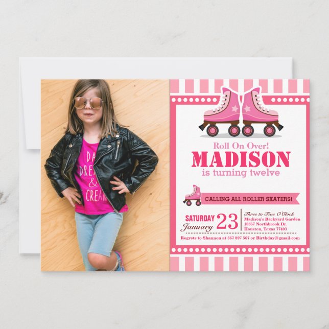 Pink Roller Skate Sport Birthday Photo Invitation (Front)