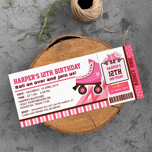 Pink Roller Skate Sport Ticket Pass Birthday Invitation (Creator Uploaded)