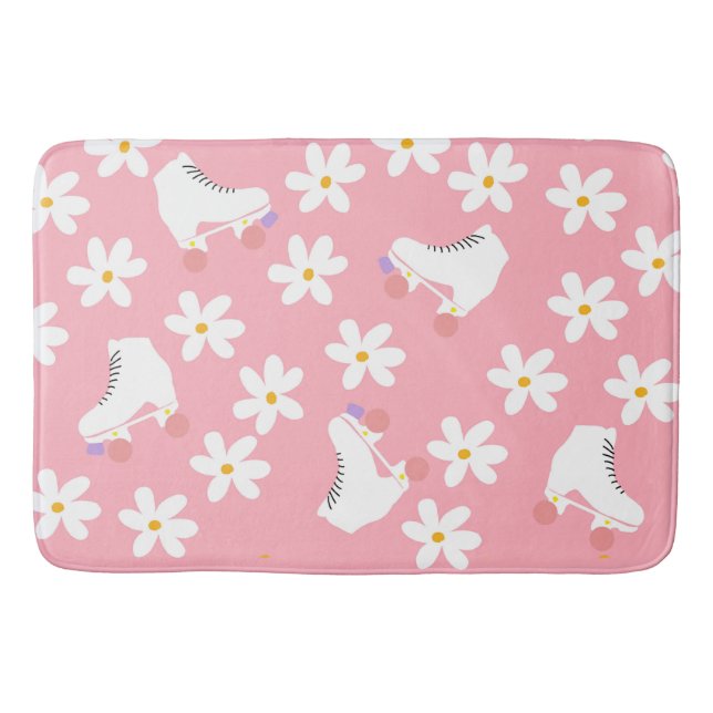 Pink Roller Skates Floral Girl Skater Gift  Bath Mat (Front)
