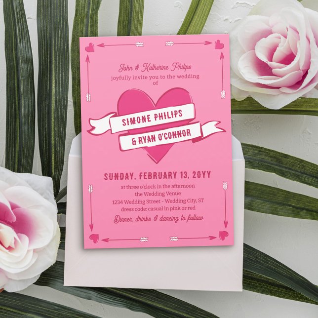 Pink Romantic Heart Arrows & Ribbon Casual Wedding Invitation (Creator Uploaded)