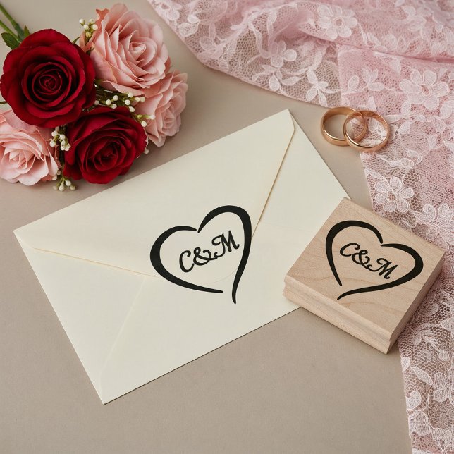 Pink Romantic Heart Monogram Spring Wedding Rubber Stamp (Hand-drawn heart with couple names monogram for romantic wedding)