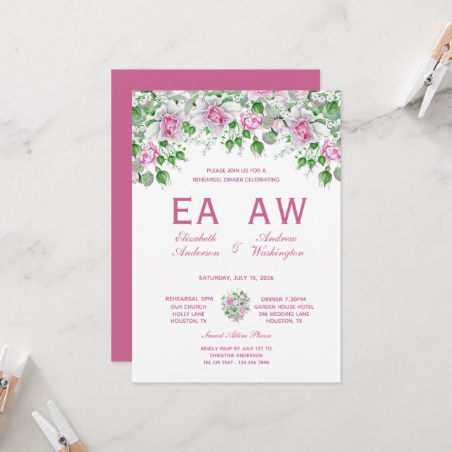 Pink Romantic Roses Wedding Rehearsal Dinner Invitation (Front/Back In Situ)