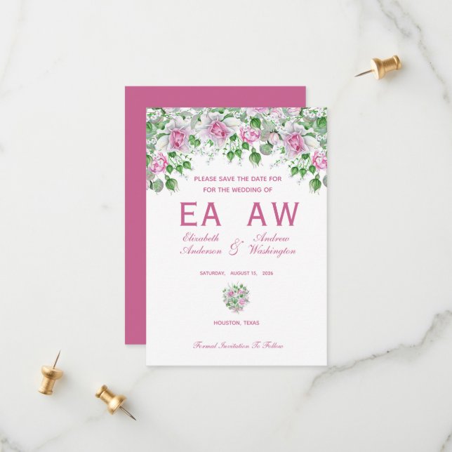 Pink Romantic Roses Wedding Save The Date (Front/Back In Situ)