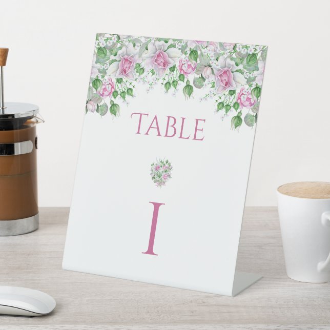 Pink Romantic Roses Wedding Table Number Pedestal Sign (In SItu)