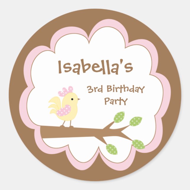 Pink rooster bird girl's birthday party sticker (Front)