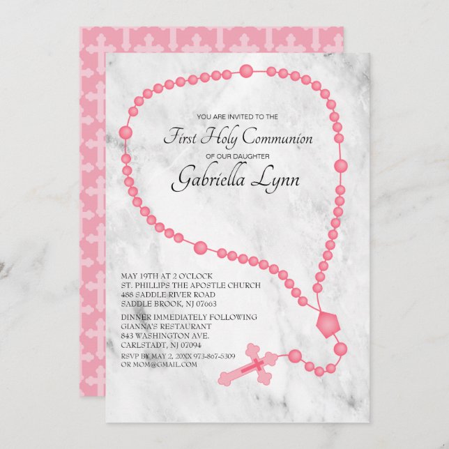Pink Rosary Beads First Holy Communion Invitation (Front/Back)