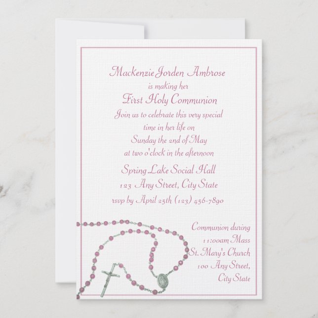 Pink Rosary Communion Invitation (Front)