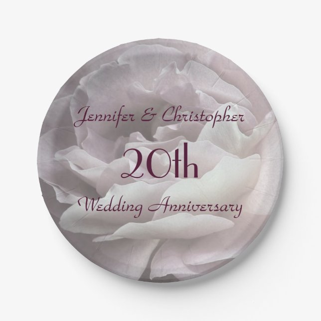 Pink Rose, 20th Wedding Anniversary Floral Paper Plate (Front)