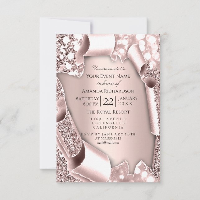 Pink Rose 3D Glitter Effect Frame Initials  Invitation (Front)
