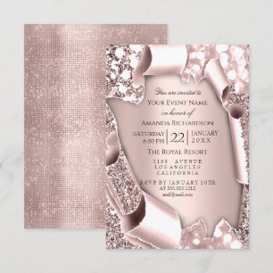 Pink Rose 3D Glitter Effect Frame Wedding Invitation