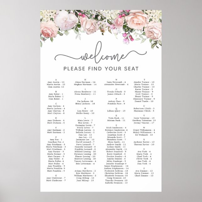 Pink Rose Alphabetical Quinceanera Seating Chart (Front)