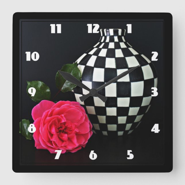 Pink Rose and a Checkered Vase Square Wall Clock (Front)