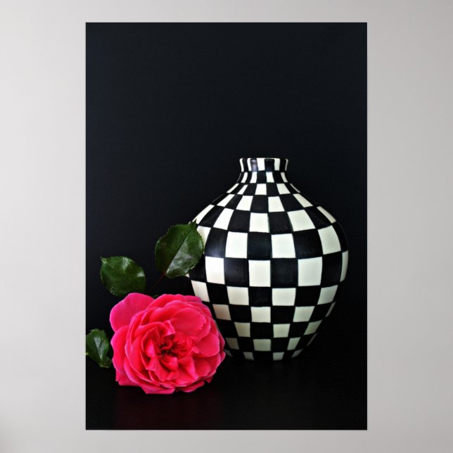 Pink Rose and a Chequered Vase Poster (Front)