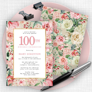 Pink Rose and Hydrangea Floral 100th Birthday Invitation