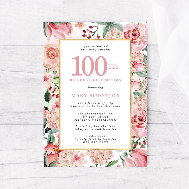 Pink Rose and Hydrangea Floral 100th Birthday Invitation (Creator Uploaded)