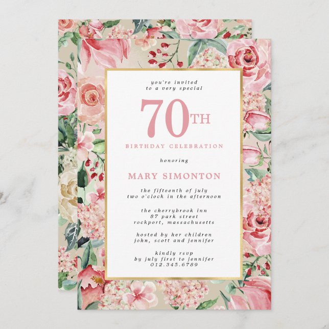 Pink Rose and Hydrangea Floral 70th Birthday Invitation (Front/Back)