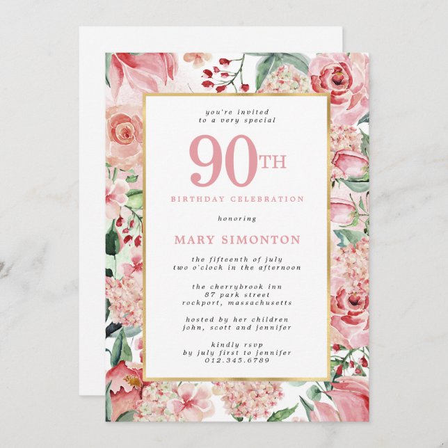 Pink Rose and Hydrangea Floral 90th Birthday Invitation (Front/Back)
