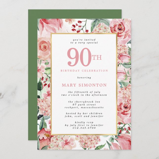 Pink Rose and Hydrangea Floral 90th Birthday Invitation (Front/Back)