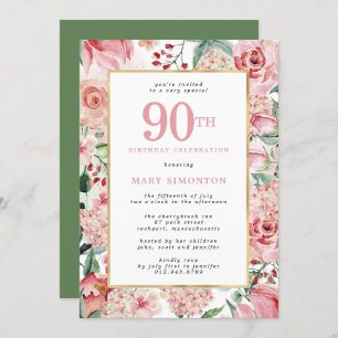 Pink Rose and Hydrangea Floral 90th Birthday Invitation
