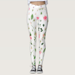 Pink rose and leaves on white background leggings
