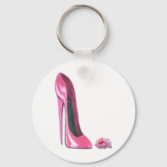 Pink Rose and Pink Stiletto Shoe Key Ring (Front)
