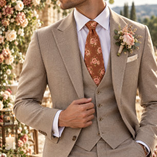 Pink Rose and Ranunculus on Clay Brown Floral Tie