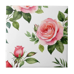 Pink Rose and Rosebud Ceramic Tile
