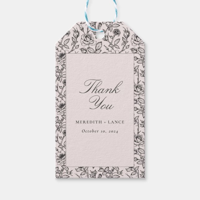 Pink Rose and Script Wedding Luggage Shape Gift Tags (Front)